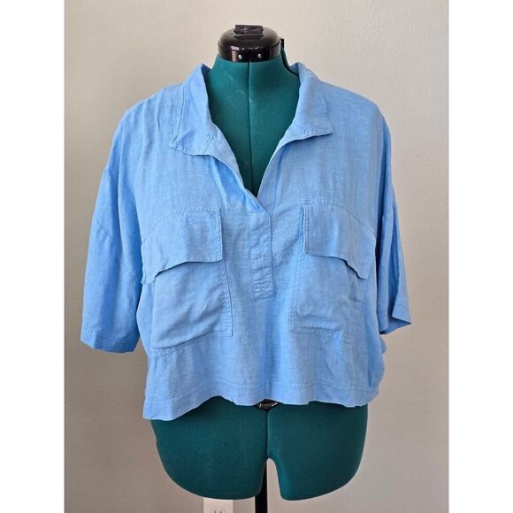 Marc New York Jeans XL Linen Blend Boxy Shirt NWT Quiet Luxury Blue Cropped - Picture 1 of 8